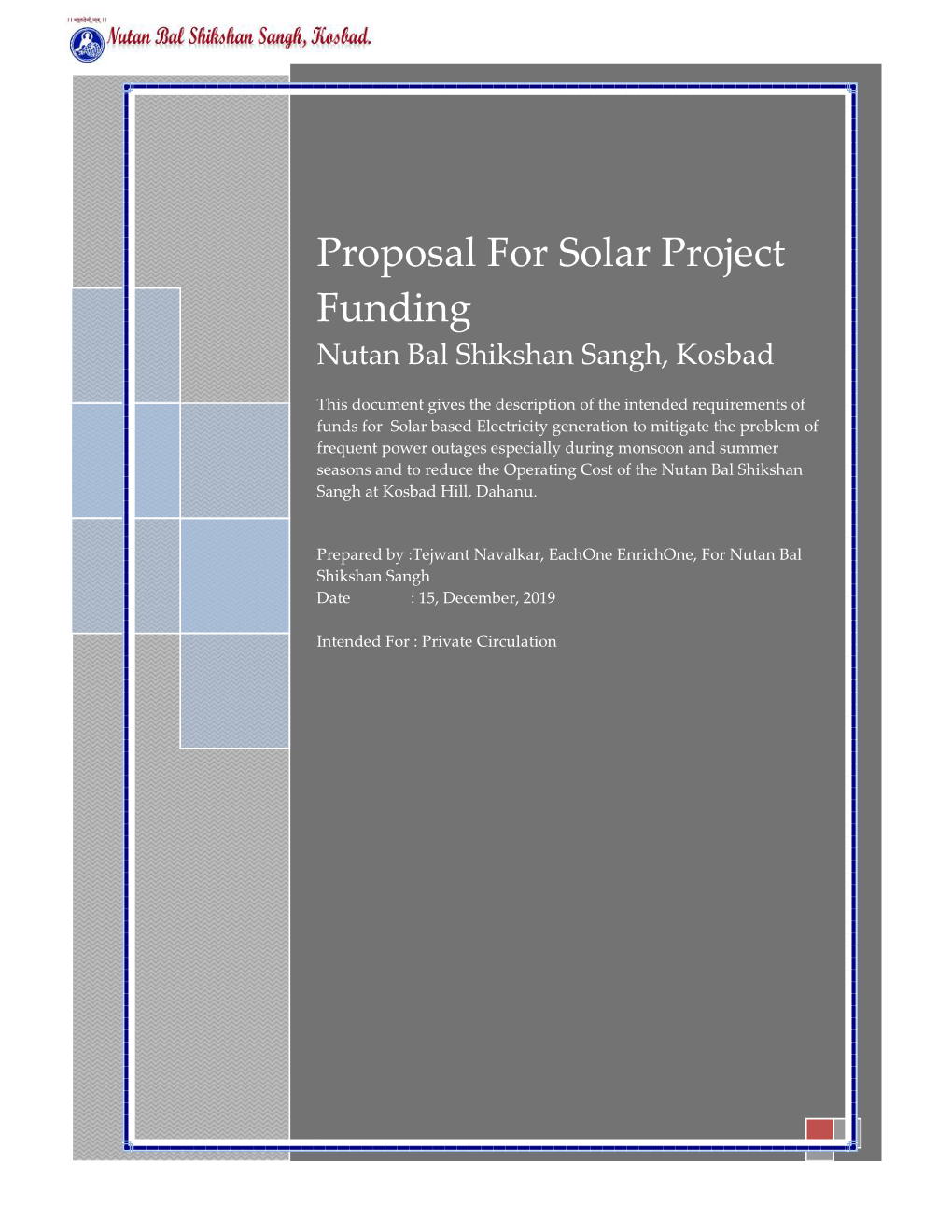 Proposal for Solar Project Funding Nutan Bal Shikshan Sangh, Kosbad