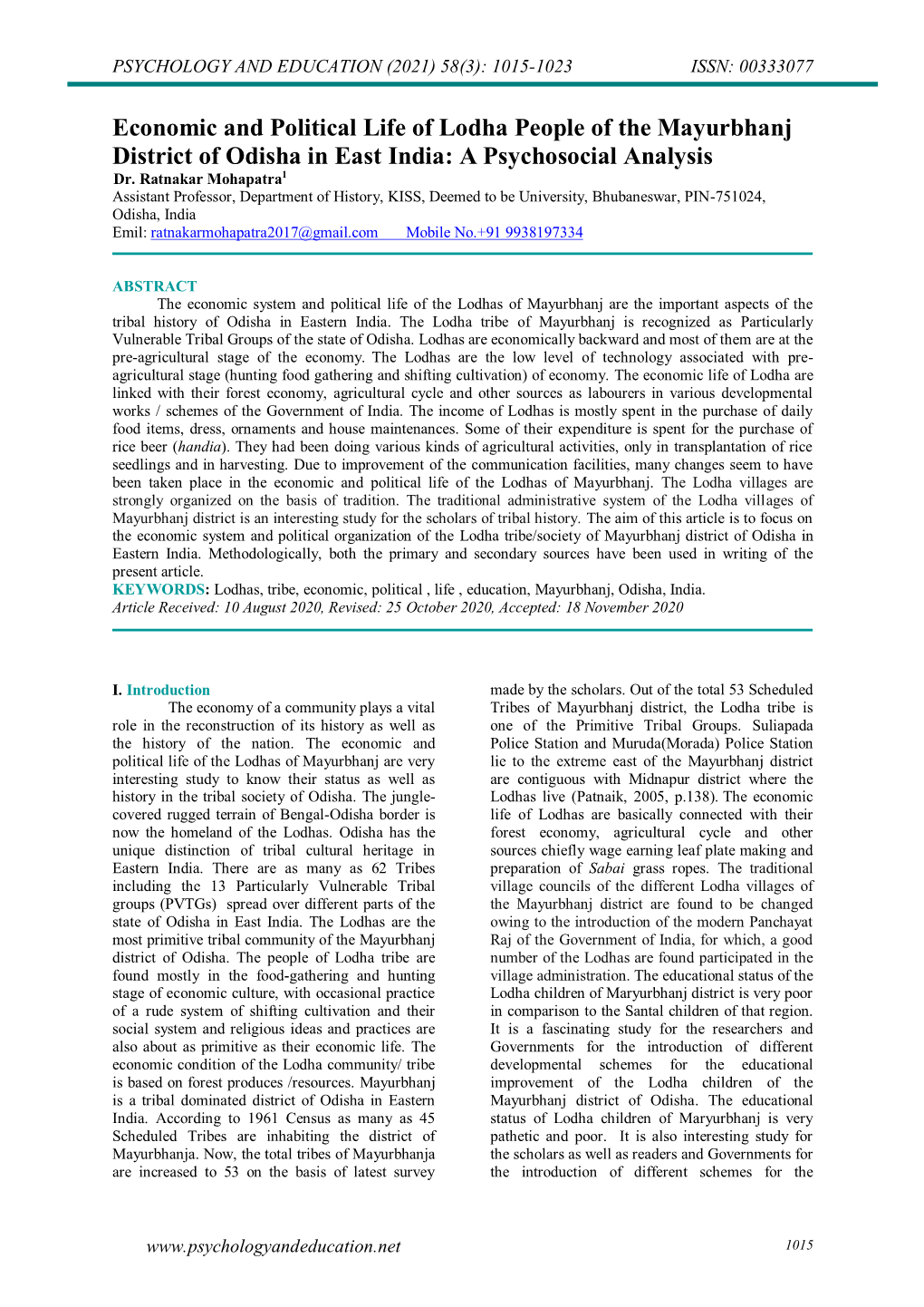 Economic and Political Life of Lodha People of the Mayurbhanj District of Odisha in East India: a Psychosocial Analysis Dr