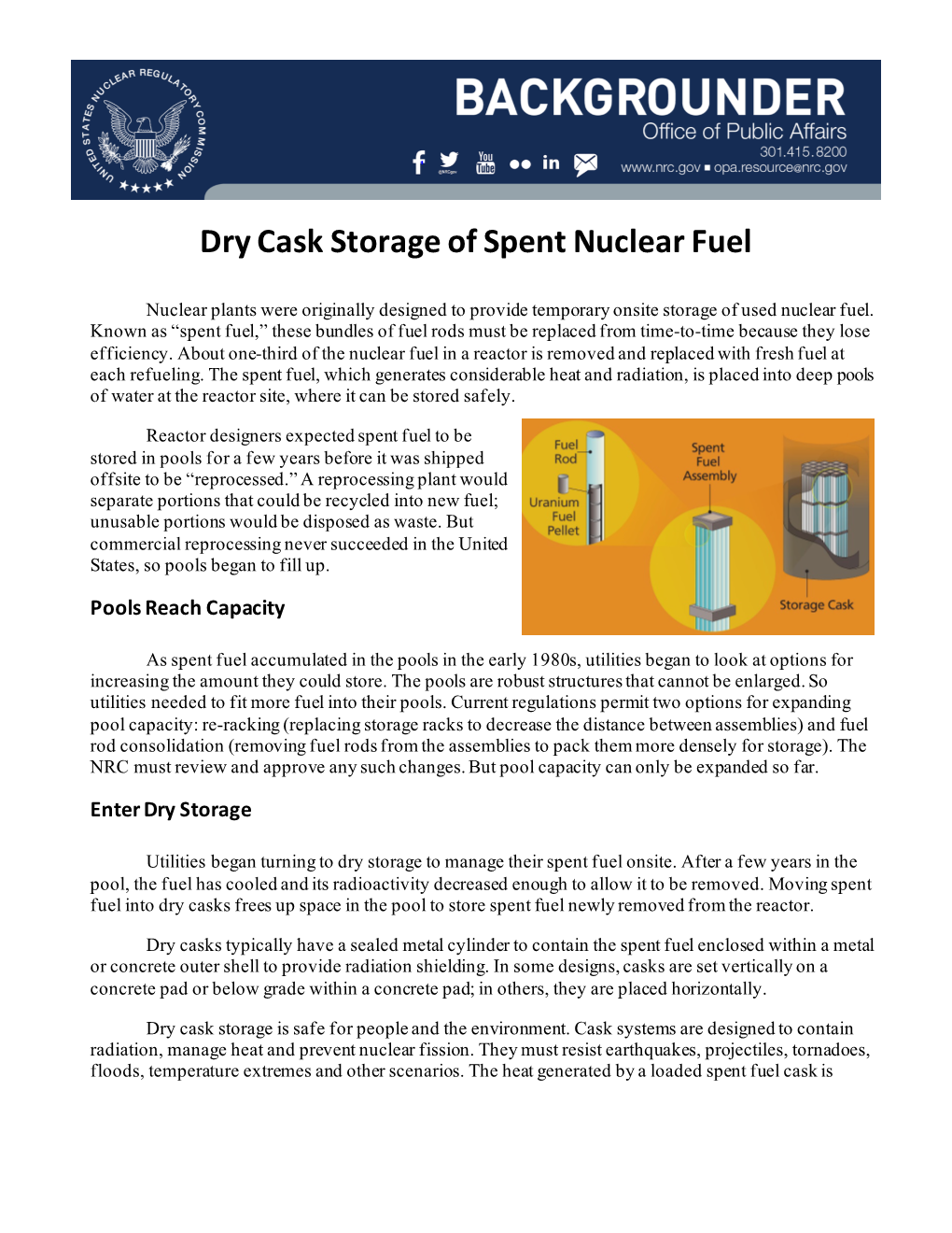 Backgrounder: Dry Cask Storage of Spent Nuclear Fuel