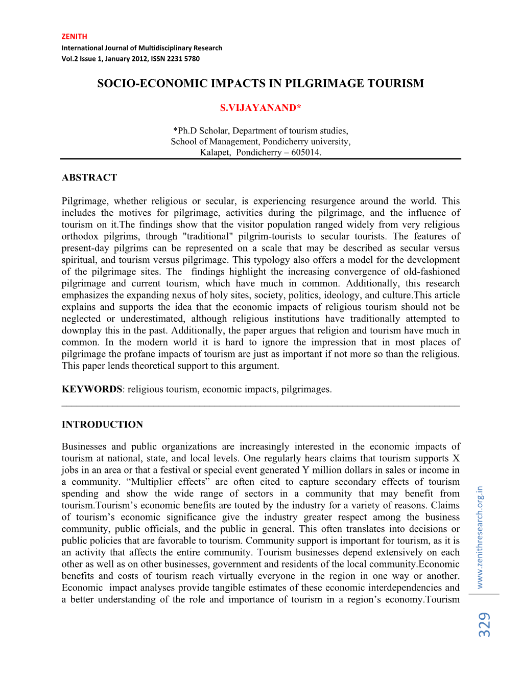 Socio-Economic Impacts in Pilgrimage Tourism S.Vijayanand