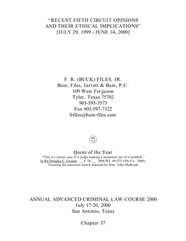 “Recent Fifth Circuit Opinions and Their Ethical Implications” [July 29, 1999 - June 14, 2000]