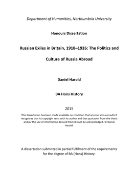 Russian Exiles in Britain, 1918–1926: the Politics and Culture of Russia