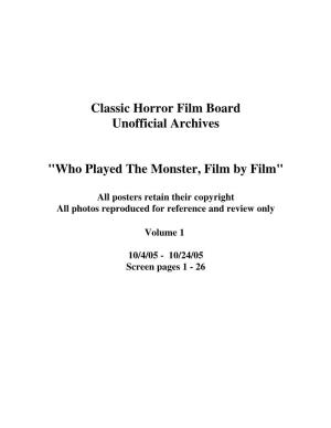 Classic Horror Film Board Unofficial Archives "Who Played the Monster, Film by Film"
