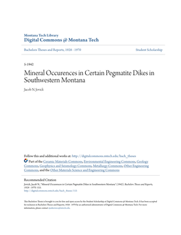 Mineral Occurences in Certain Pegmatite Dikes in Southwestern Montana Jacob N