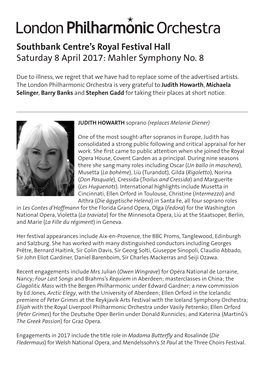 Southbank Centre's Royal Festival Hall Saturday 8 April 2017