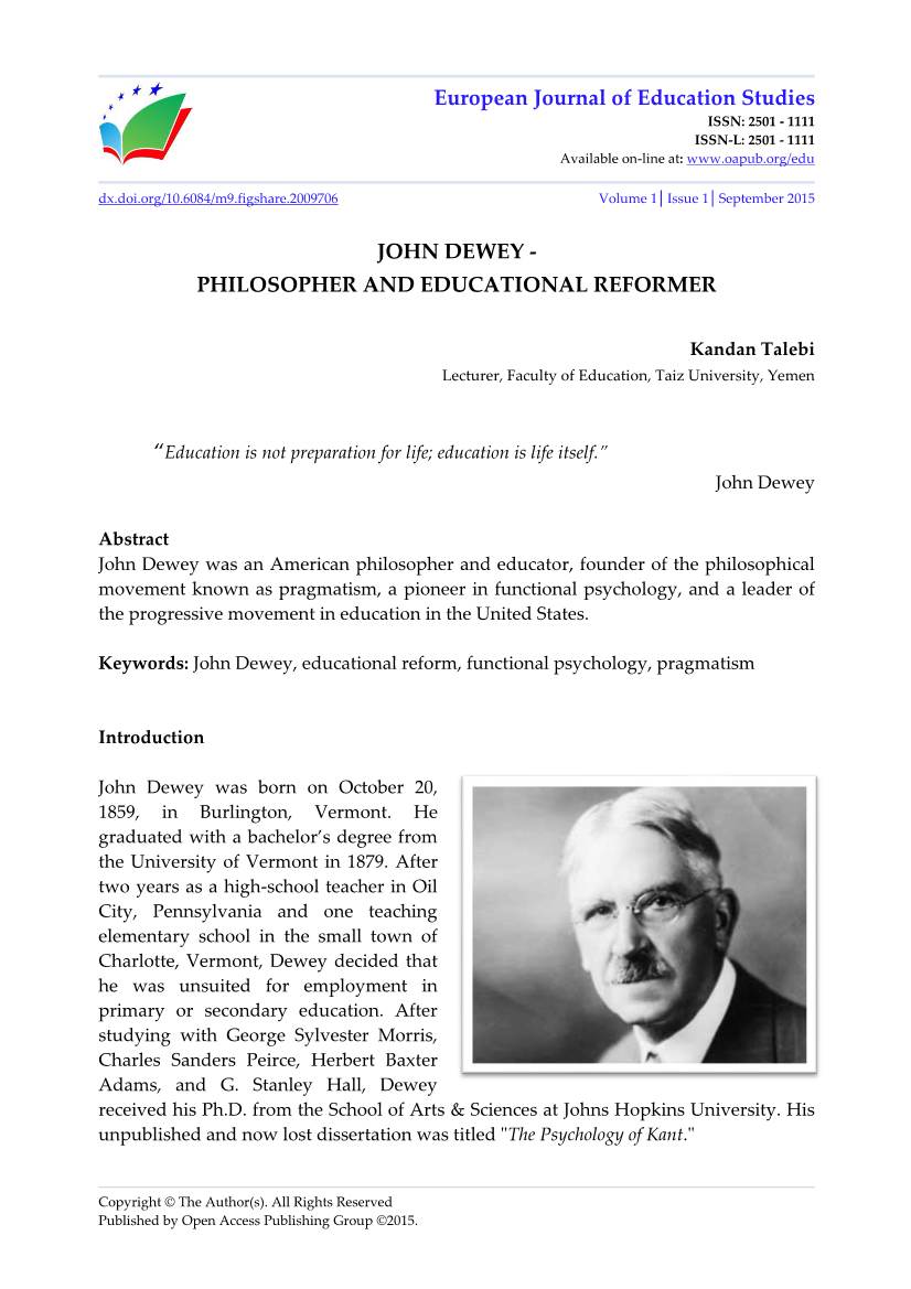 John Dewey--Philosopher and Educational Reformer