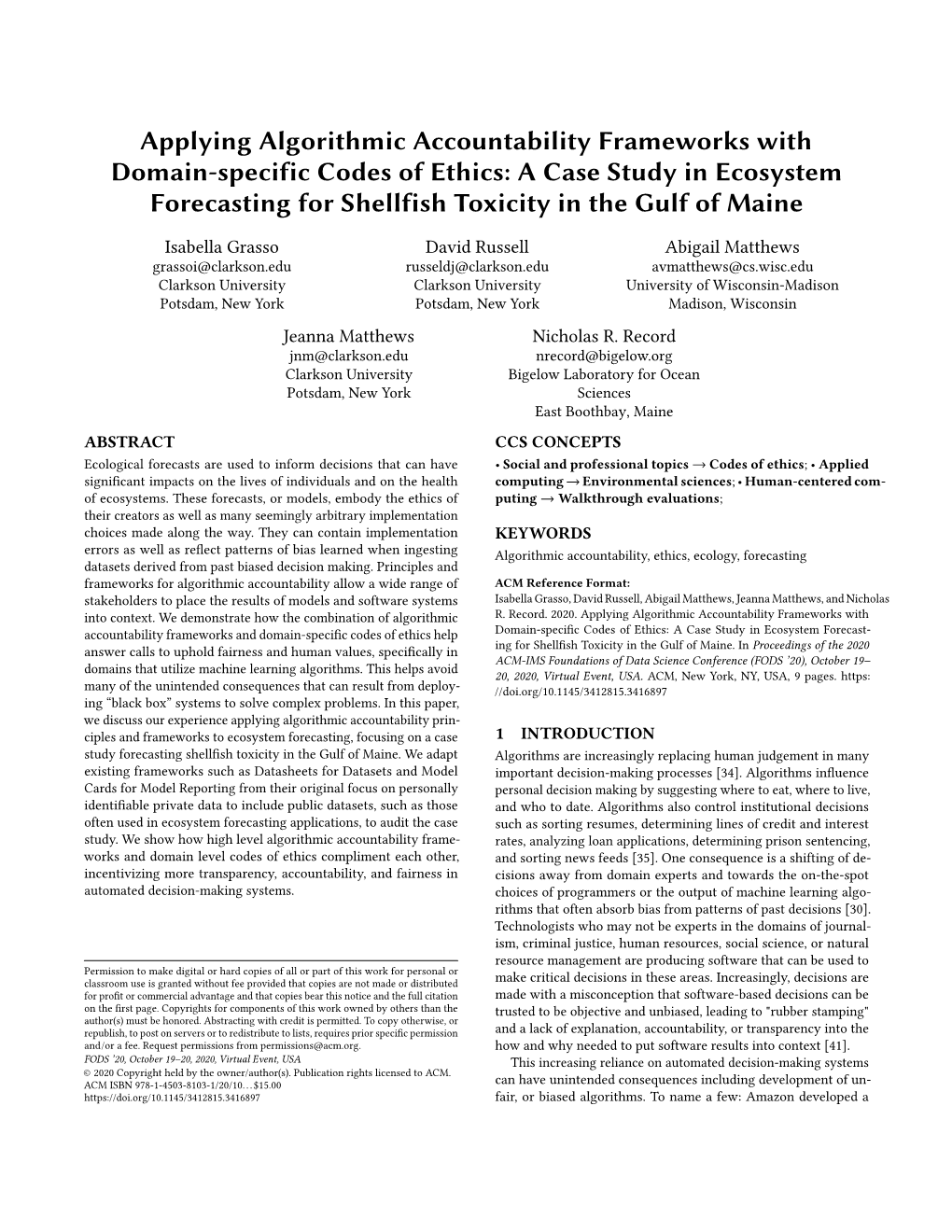 Applying Algorithmic Accountability Frameworks with Domain-Specific Codes of Ethics: a Case Study in Ecosystem Forecasting for Shellfish Toxicity in the Gulf of Maine