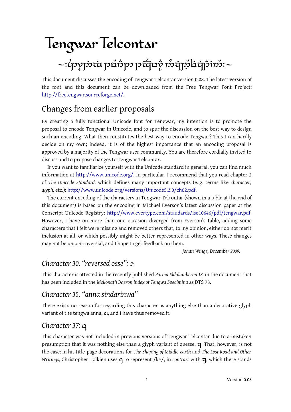 Encoding of Tengwar Telcontar Version 0.08