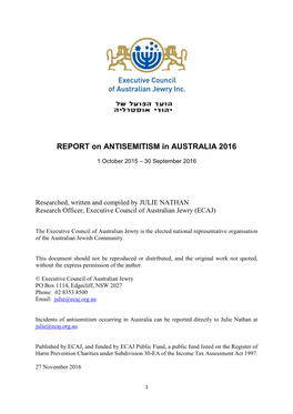 REPORT on ANTISEMITISM in AUSTRALIA 2016