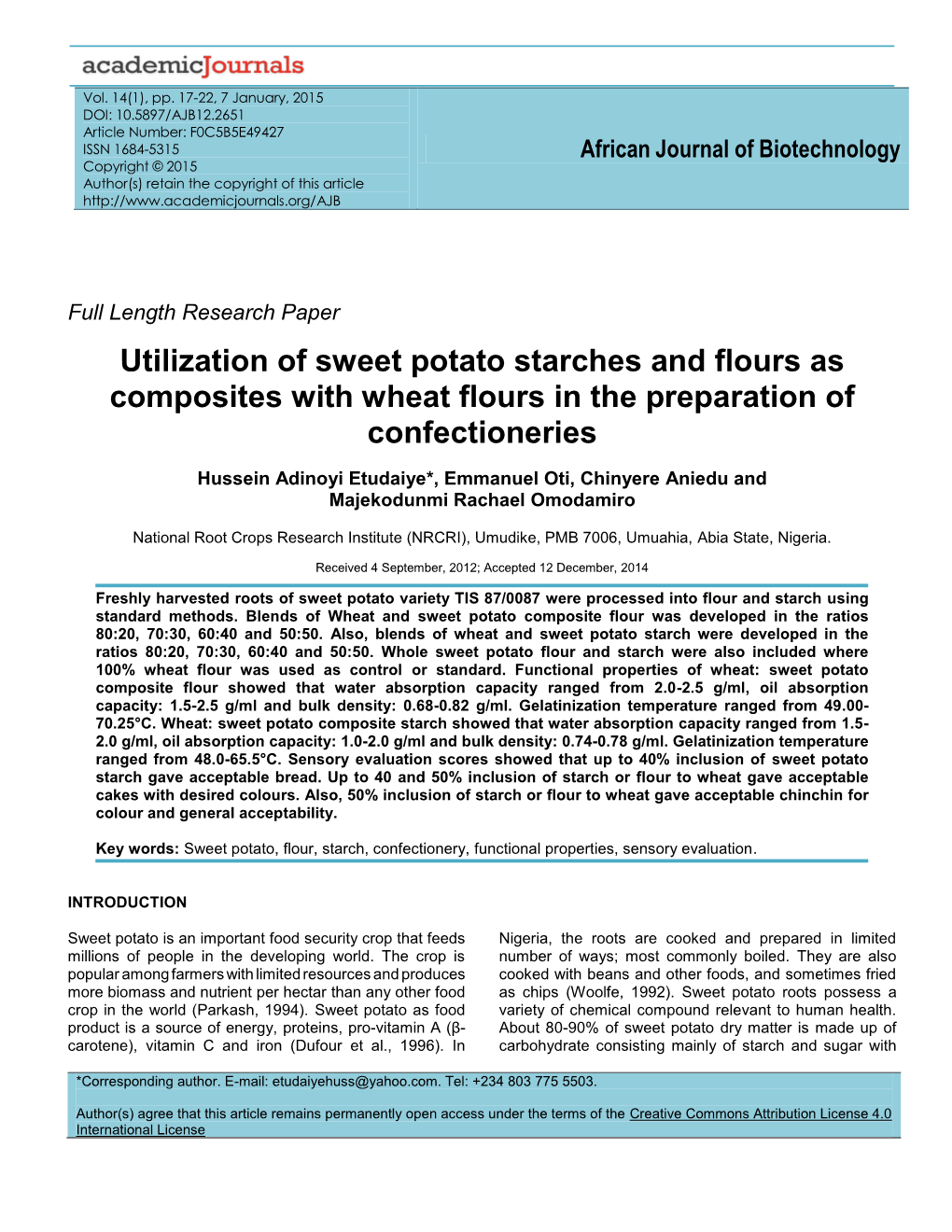 Utilization of Sweetpotato Starches and Flours As Composites with Wheat