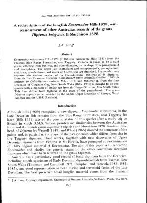 A Redescription of the Lungfish Eoctenodus Hills 1929, with Reassessment of Other Australian Records of the Genus Dipterns Sedgwick & Murchison 1828