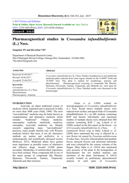 Pharmacognostical Studies in Crossandra Infundibuliformis (L.) Nees