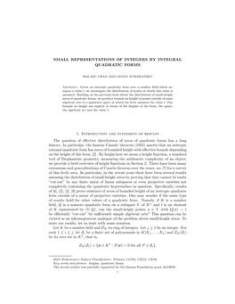 SMALL REPRESENTATIONS of INTEGERS by INTEGRAL QUADRATIC FORMS 1. Introduction and Statement of Results the Question of Effective