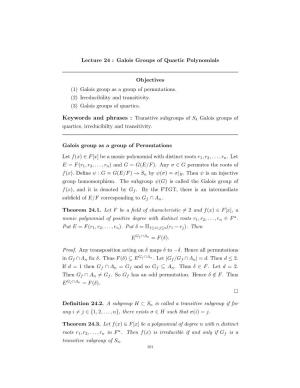 Lecture 24 : Galois Groups of Quartic Polynomials Objectives