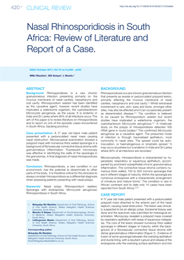 Nasal Rhinosporidiosis in South Africa: Review of Literature and Report of a Case