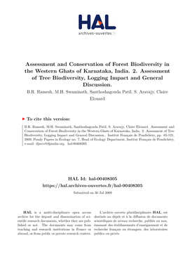 Assessment and Conservation of Forest Biodiversity in the Western Ghats of Karnataka, India