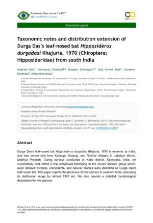Taxonomic Notes and Distribution Extension of Durga Das’S Leaf-Nosed Bat Hipposideros Durgadasi Khajuria, 1970 (Chiroptera: Hipposideridae) from South India