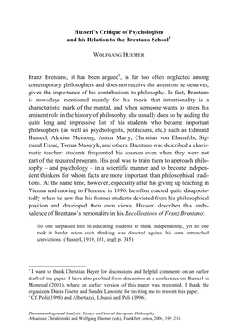 Husserl's Critique of Psychologism and His Relation to the Brentano