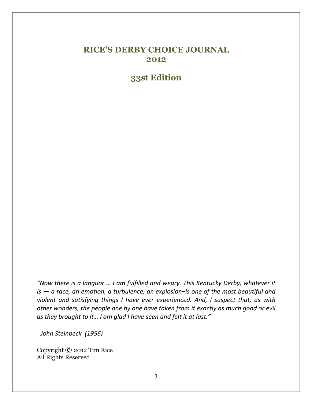 RICE's DERBY CHOICE JOURNAL 2012 33St Edition