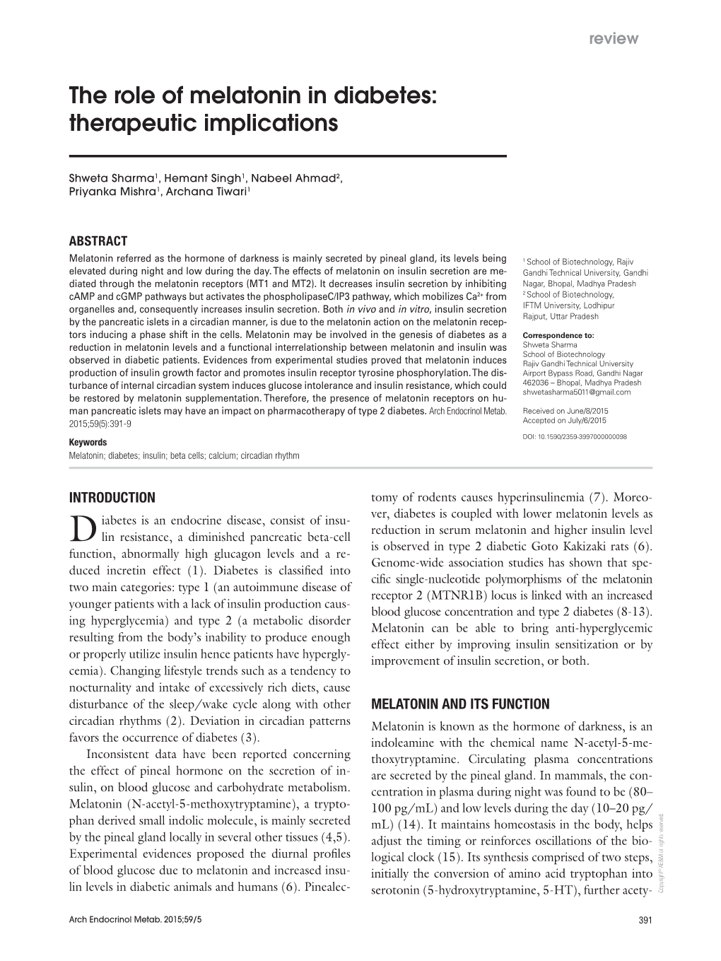 The Role of Melatonin in Diabetes: Therapeutic Implications