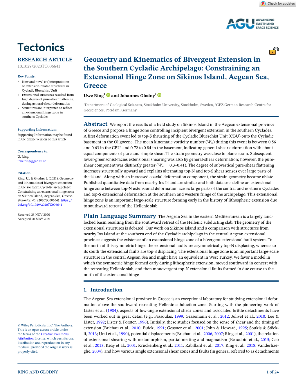 Geometry and Kinematics of Bivergent Extension in the Southern Cycladic Archipelago: Constraining an Extensional Hinge Zone on S