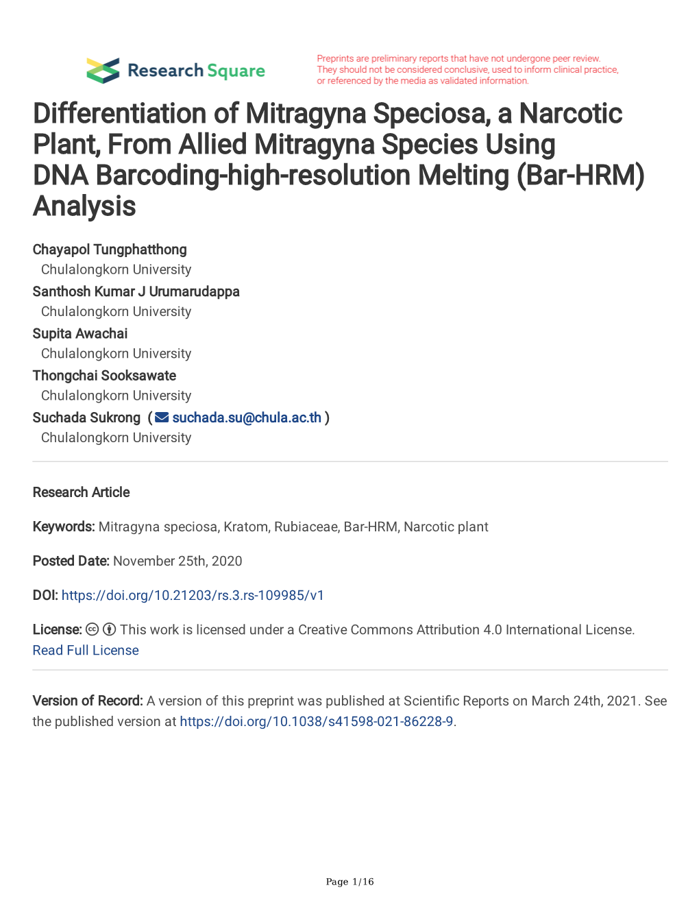 Differentiation of Mitragyna Speciosa, a Narcotic Plant, from Allied Mitragyna Species Using DNA Barcoding-High-Resolution Melting (Bar-HRM) Analysis