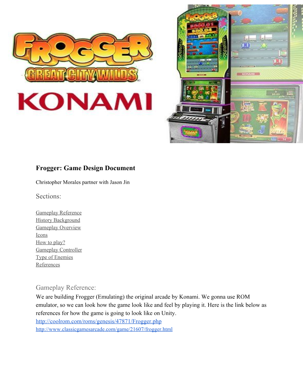 Frogger: Game Design Document Sections