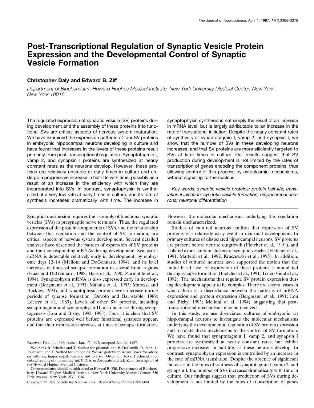 Post-Transcriptional Regulation of Synaptic Vesicle Protein Expression and the Developmental Control of Synaptic Vesicle Formation