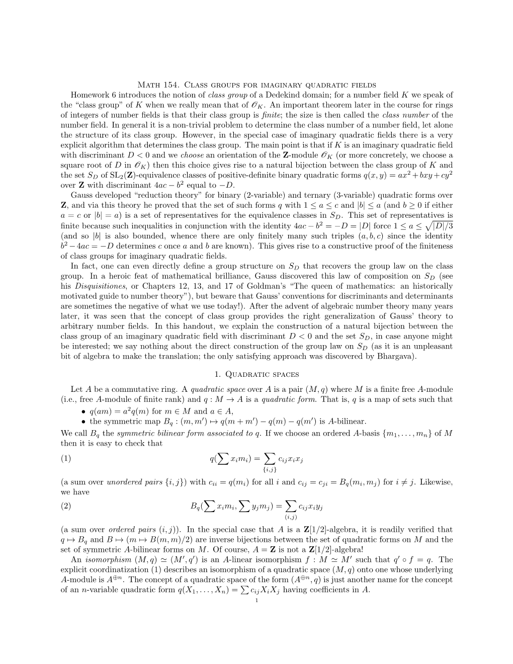 Math 154. Class Groups for Imaginary Quadratic Fields