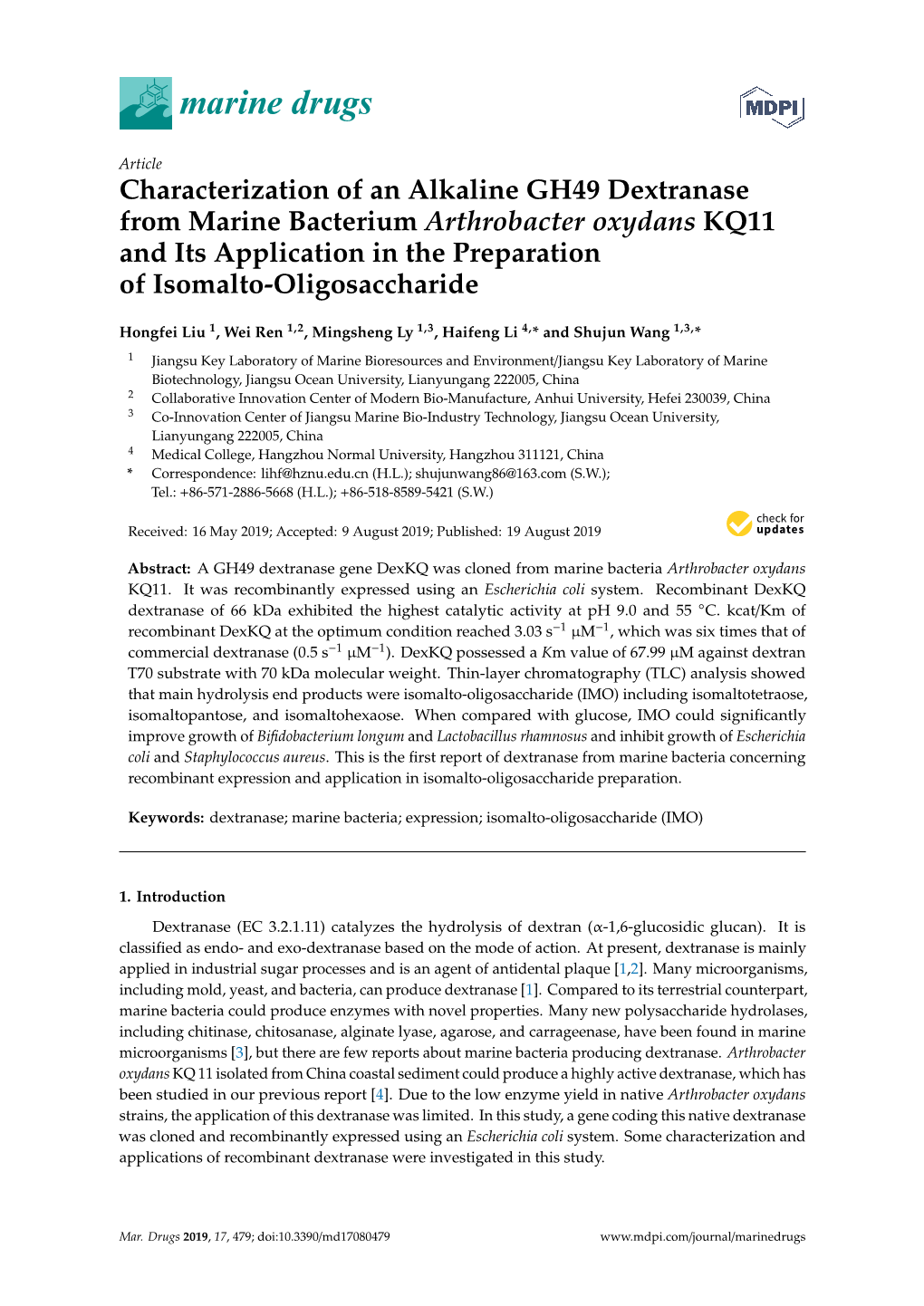 Characterization of an Alkaline GH49 Dextranase from Marine Bacterium Arthrobacter Oxydans KQ11 and Its Application in the Preparation of Isomalto-Oligosaccharide