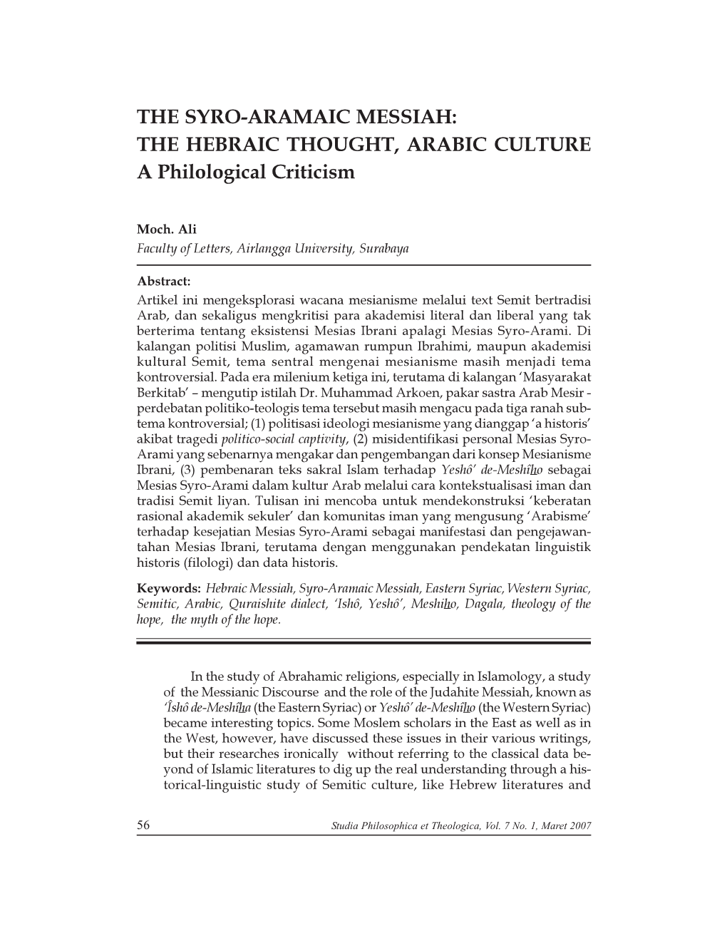 THE SYRO-ARAMAIC MESSIAH: the HEBRAIC THOUGHT, ARABIC CULTURE a Philological Criticism