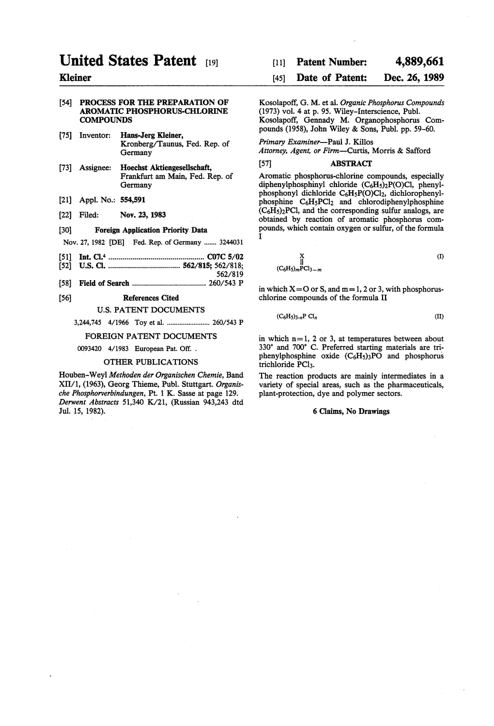 United States Patent (19) 11 Patent Number: 4,889,661 Kleiner 45 Date of Patent: Dec