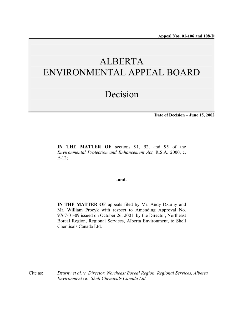 ALBERTA ENVIRONMENTAL APPEAL BOARD Decision