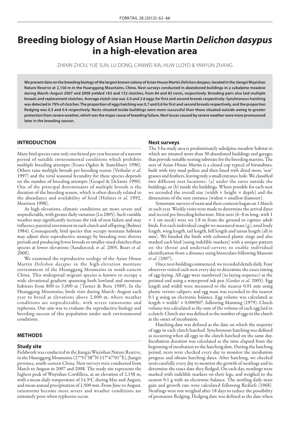 Breeding Biology of Asian House Martin Delichon Dasypus in a High-Elevation Area