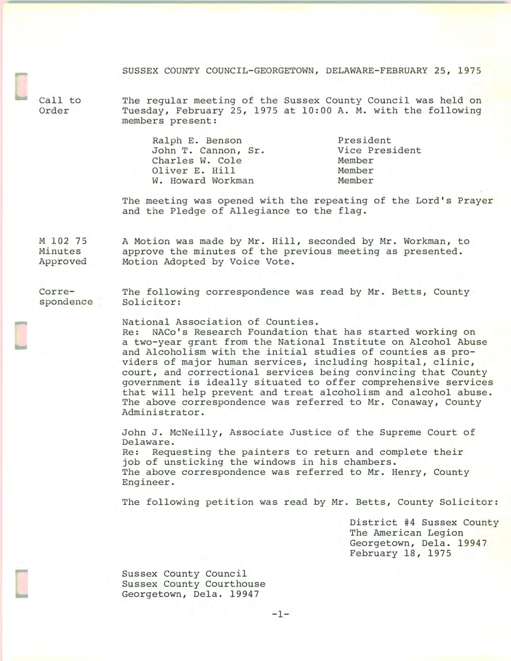 County Council Minutes, As Evidence of Support for Nullifica­ Tion of Property Assessments and Tax Increase, Within the Boundaries of Sussex County, State of Delaware