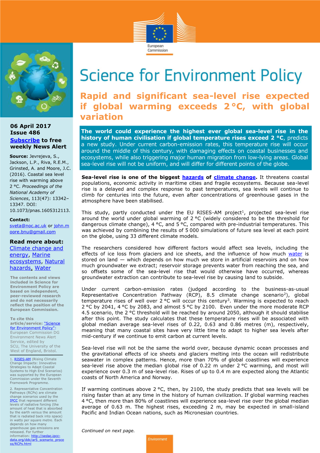 Rapid and Significant Sea-Level Rise Expected If Global Warming Exceeds 2 °C, with Global Variation