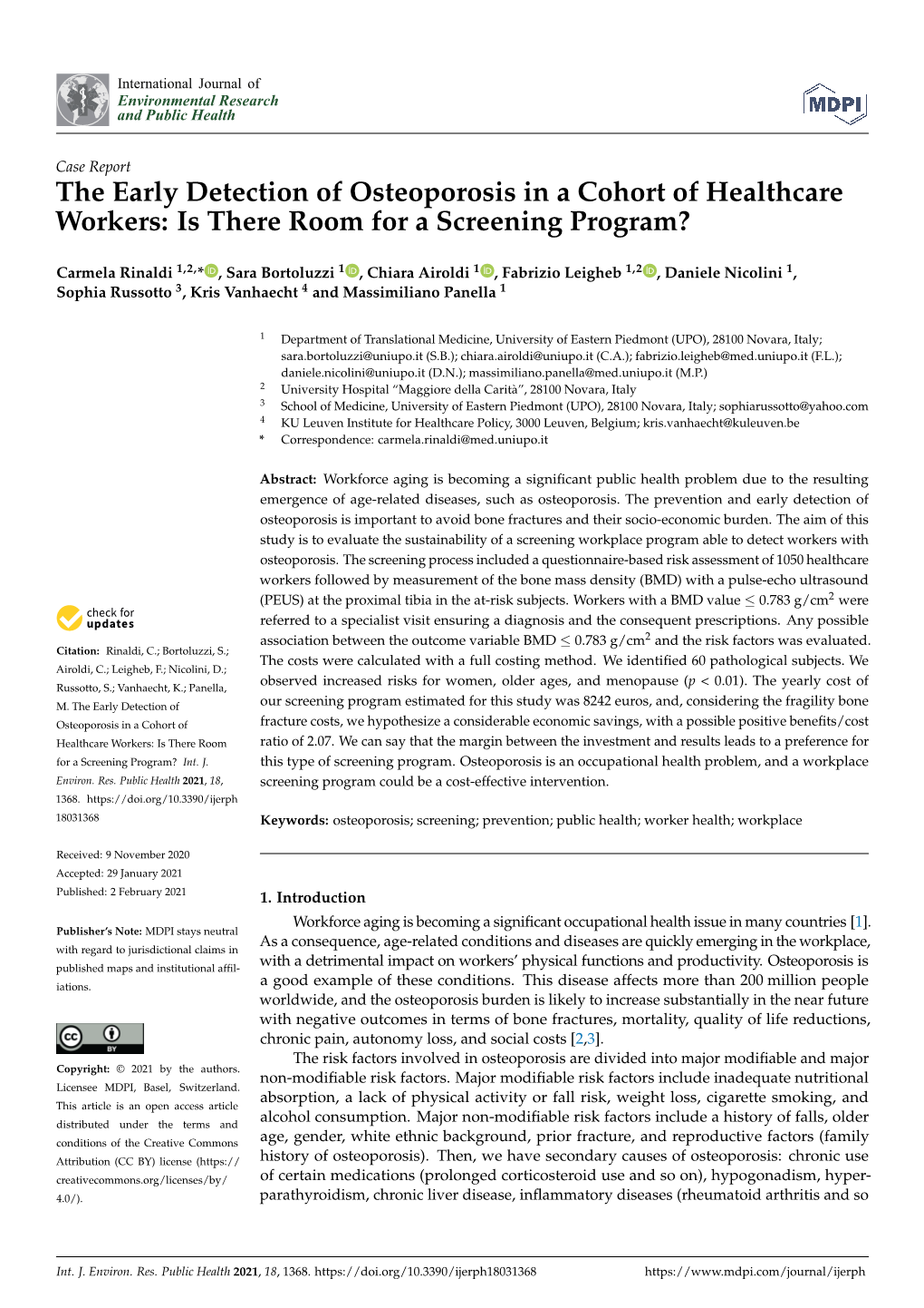 The Early Detection of Osteoporosis in a Cohort of Healthcare Workers: Is There Room for a Screening Program?