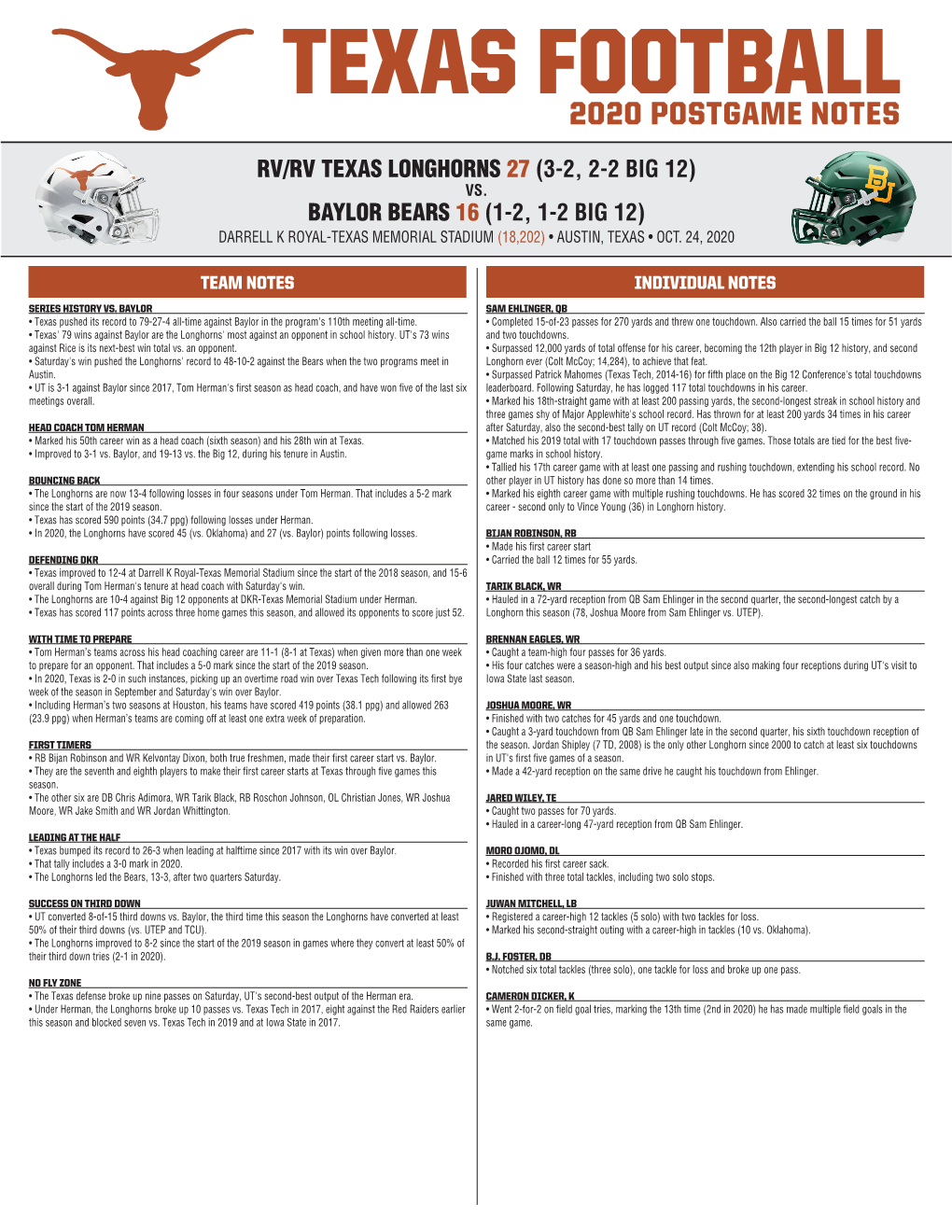 Texas Football 2020 Postgame Notes