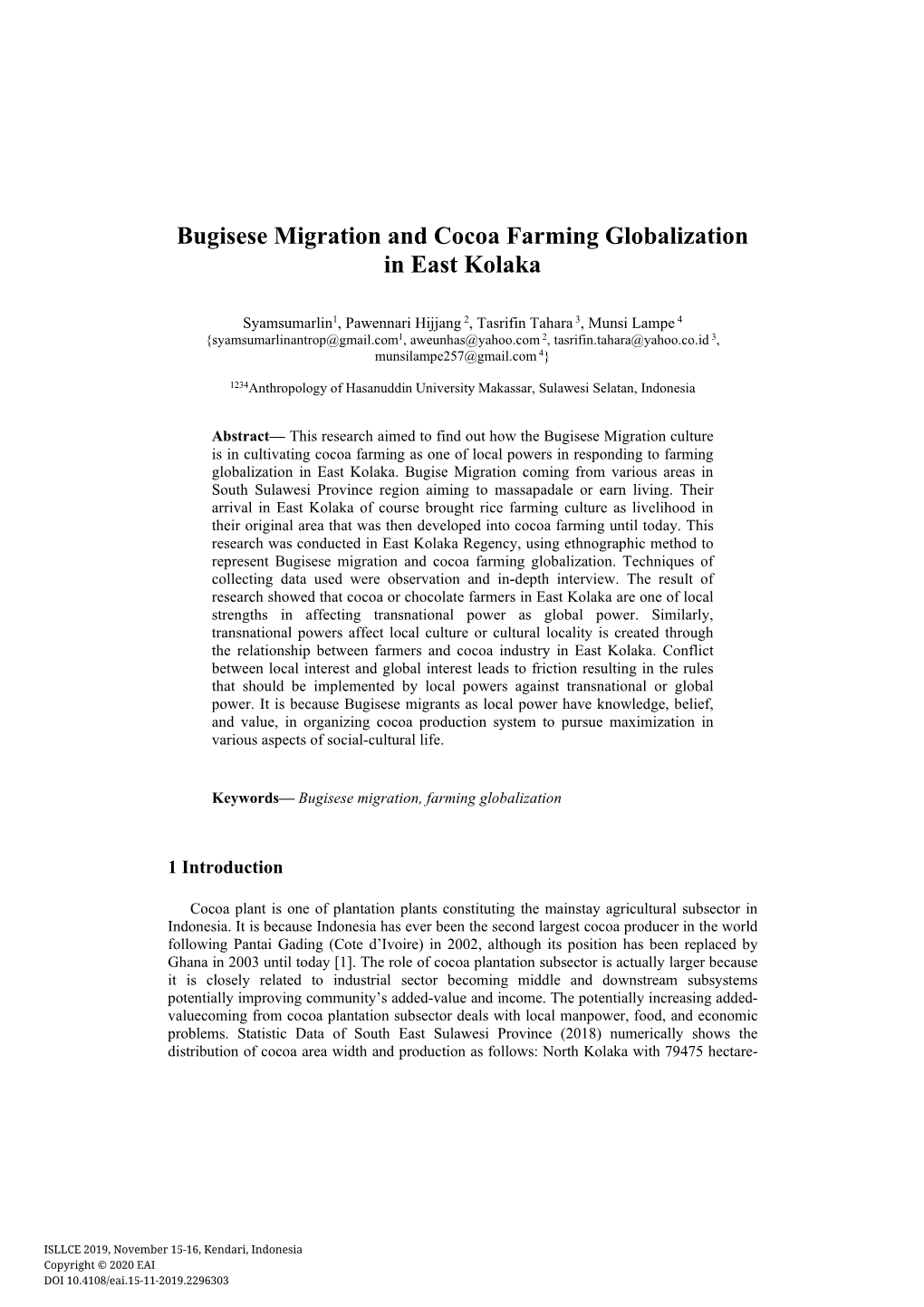 Bugisese Migration and Cocoa Farming Globalization in East Kolaka