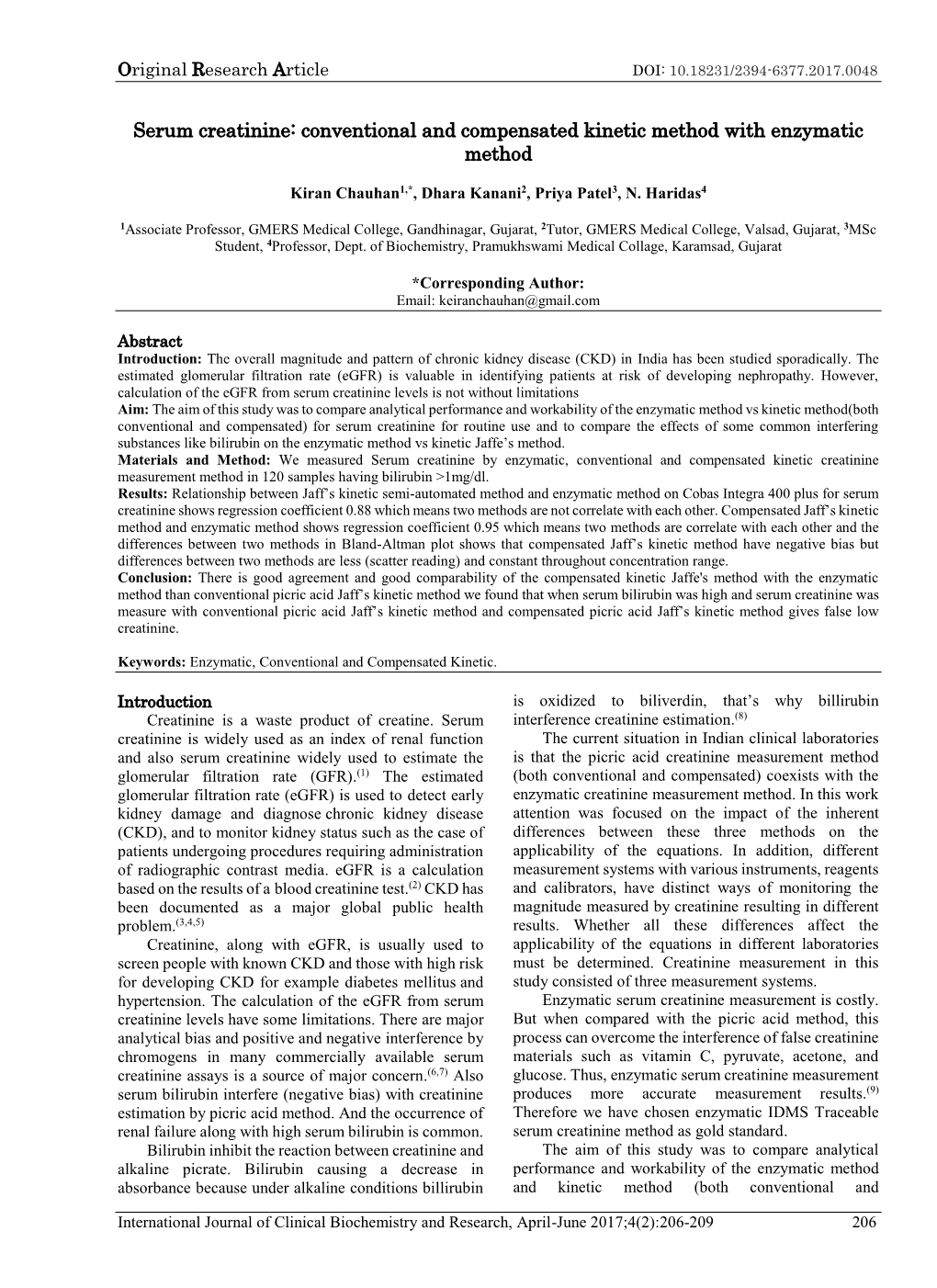 Serum Creatinine: Conventional and Compensated Kinetic Method with Enzymatic Method