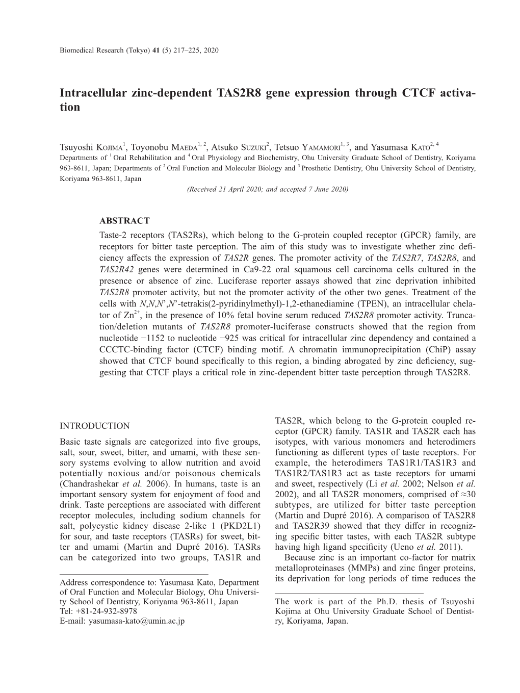 Intracellular Zinc-Dependent TAS2R8 Gene Expression Through CTCF Activa- Tion