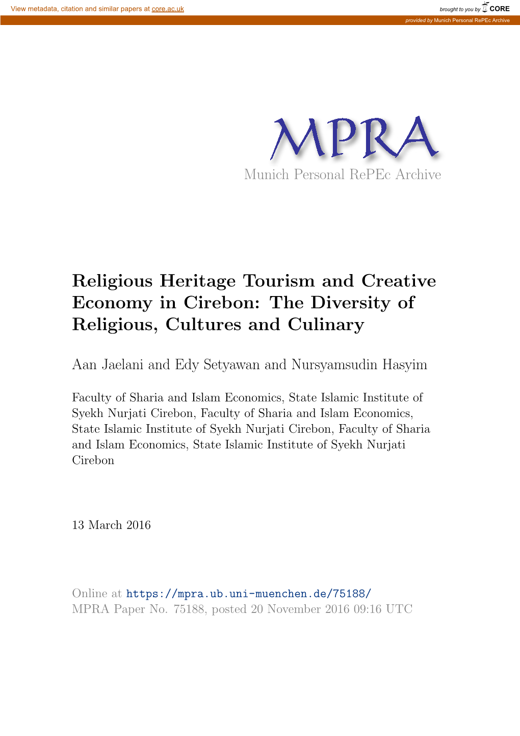 Religious Heritage Tourism and Creative Economy in Cirebon: the Diversity of Religious, Cultures and Culinary