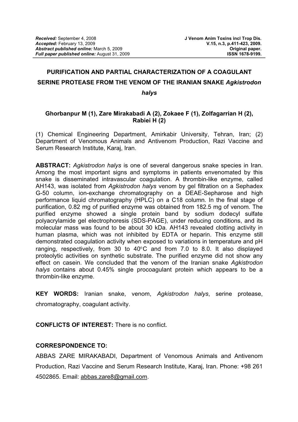 Purification and Partial Characterization of a Coagulant Tle