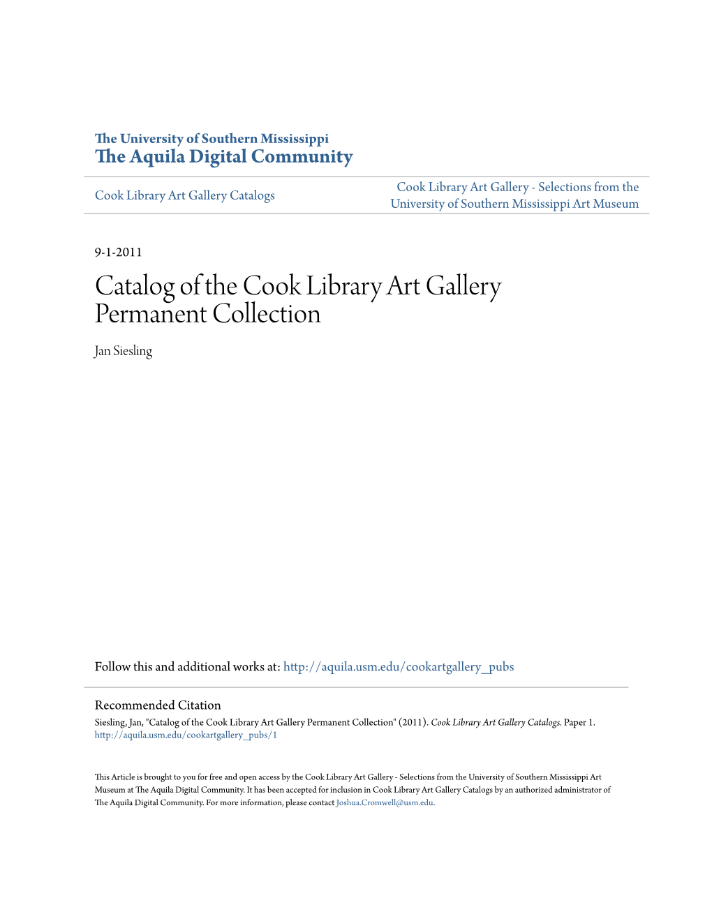 Catalog of the Cook Library Art Gallery Permanent Collection Jan Siesling