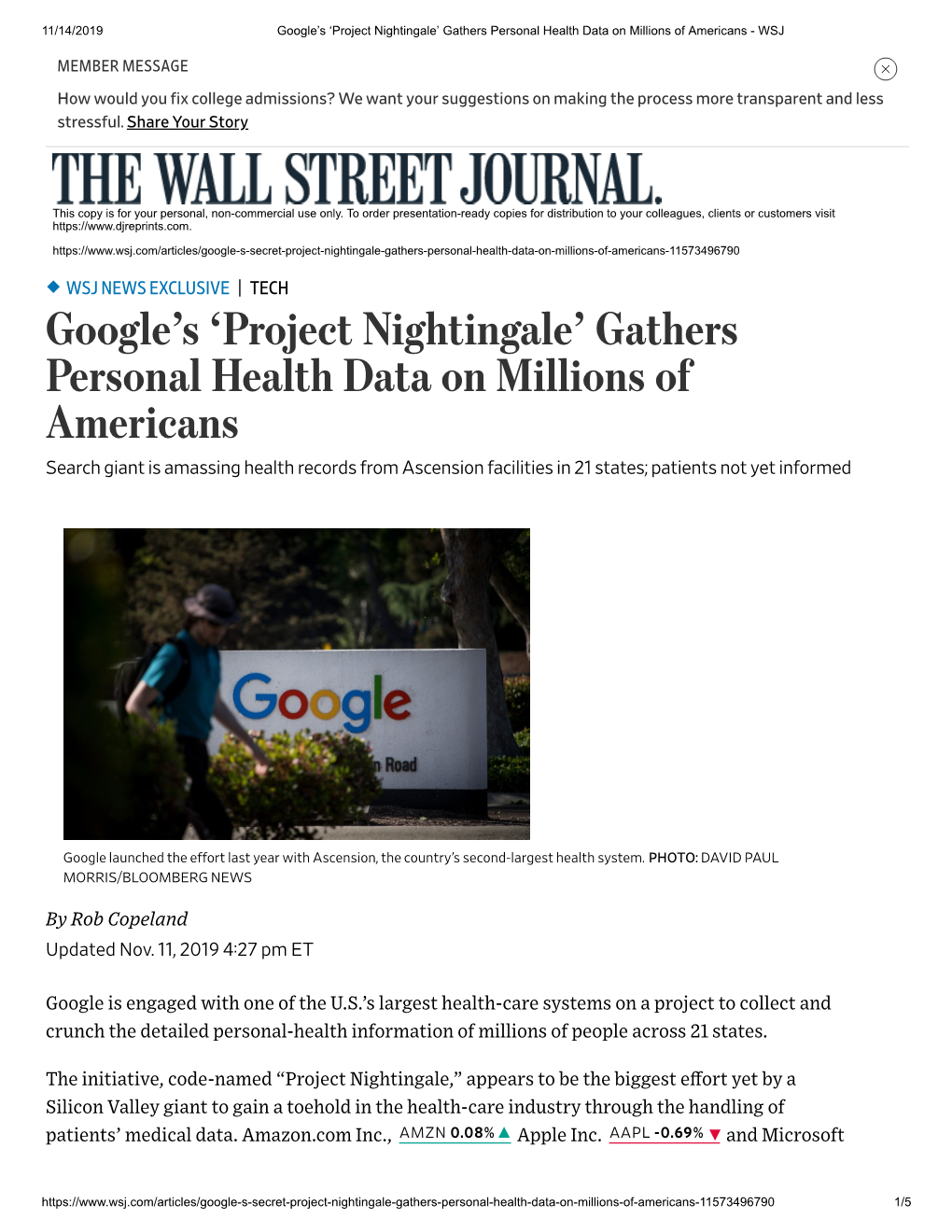 Google's 'Project Nightingale' Gathers Personal Health Data on Millions Of