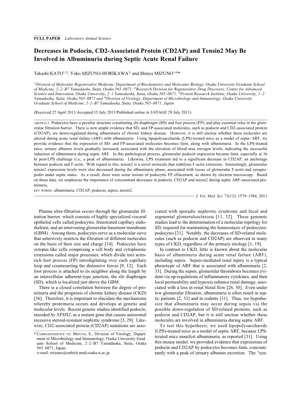 Decreases in Podocin, CD2-Associated Protein (CD2AP) and Tensin2 May Be Involved in Albuminuria During Septic Acute Renal Failure