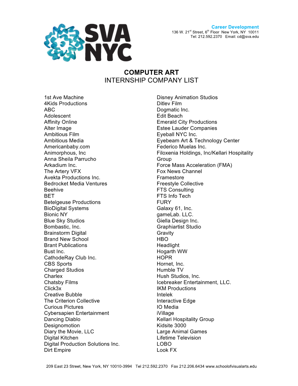 Computer Art Internship Company List