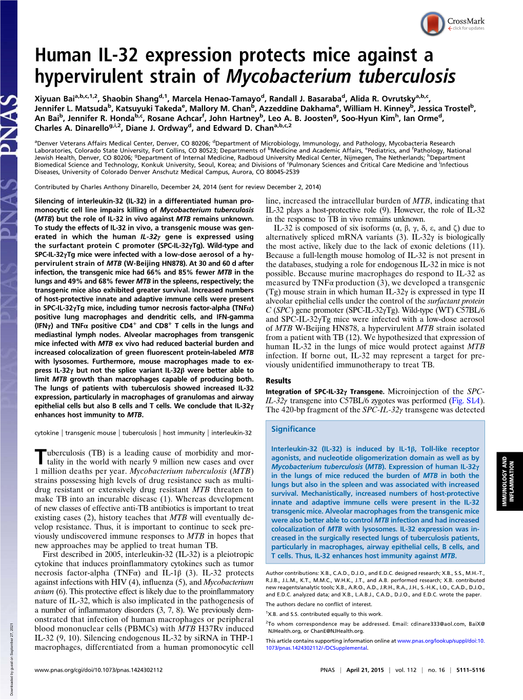 Human IL-32 Expression Protects Mice Against a Hypervirulent Strain of Mycobacterium Tuberculosis