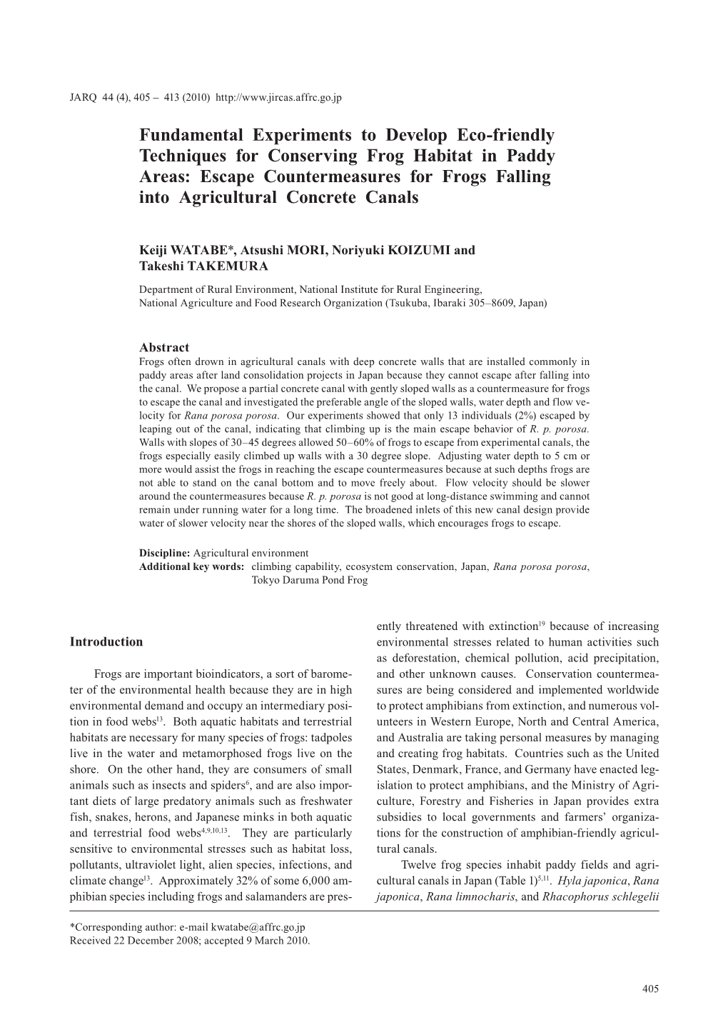 Fundamental Experiments to Develop Eco-Friendly Techniques for Conserving Frog Habitat in Paddy Areas Escape Countermeasures for Frogs Falling Into Agricultural Concrete Canals