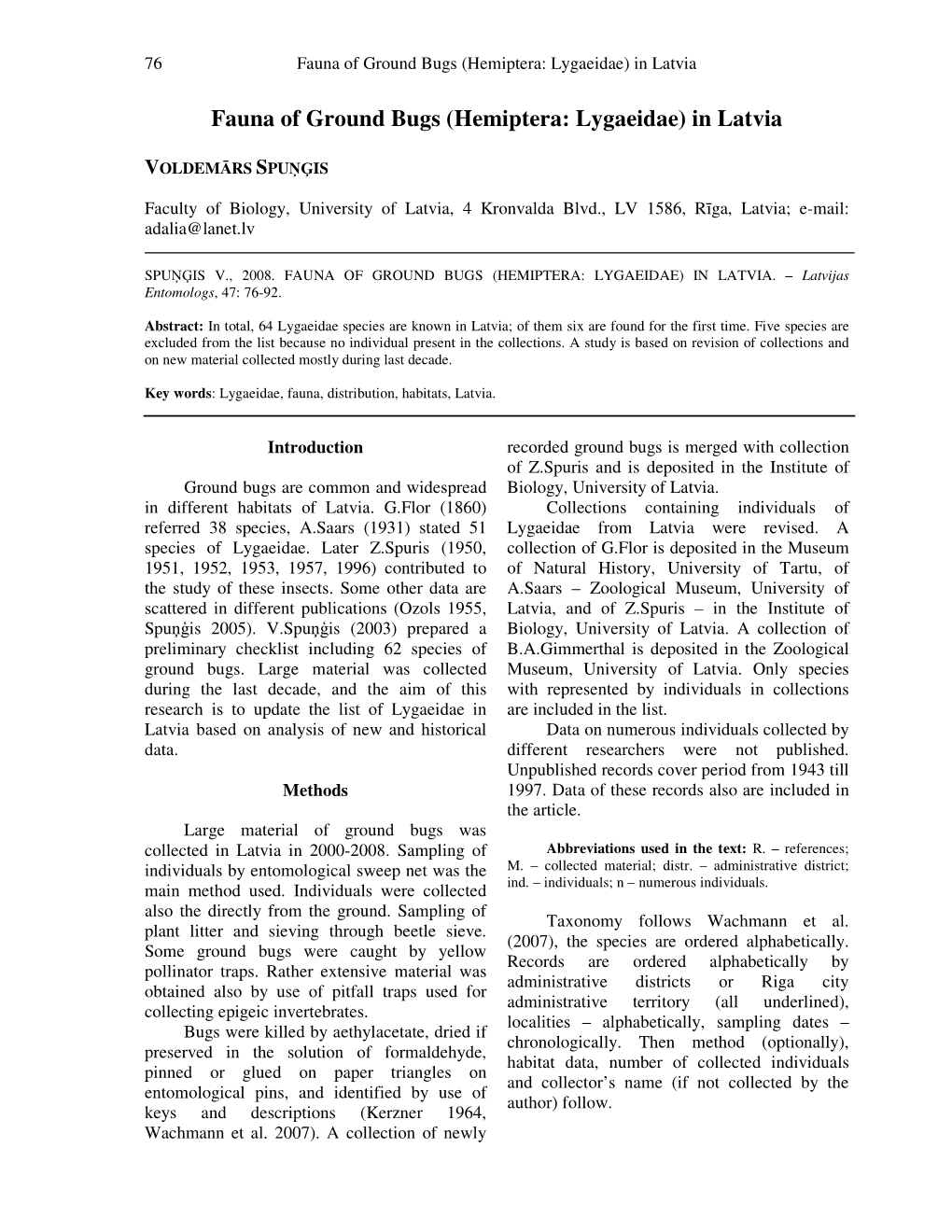 Fauna of Ground Bugs (Hemiptera: Lygaeidae) in Latvia